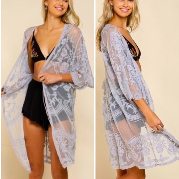 Sheer Lavender Lace Kimono Duster - Picture 1 of 7